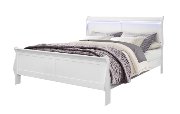 English Elm CHARLSTON Solid Wood Full Sleigh Bed with LED Headboard, Transitional Panel Design, Durable Finish White King B201S00007