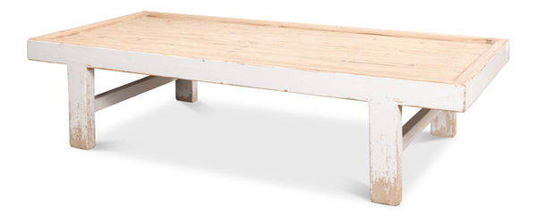 Sarreid Large Wood Panel Coffee Table In Antique White Finish - Stylish Pine Design With Natural Top White  40429-1