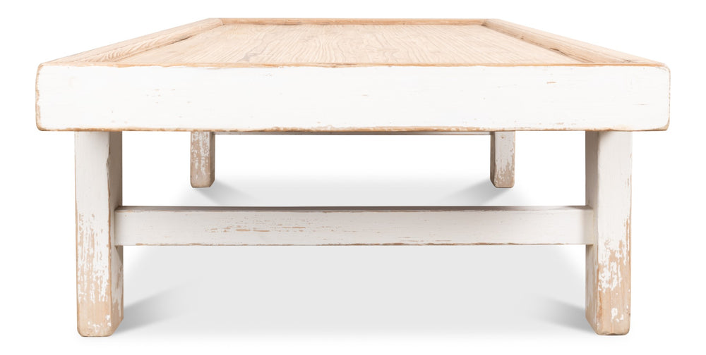 Sarreid Large Wood Panel Coffee Table In Antique White Finish - Stylish Pine Design With Natural Top White  40429-1