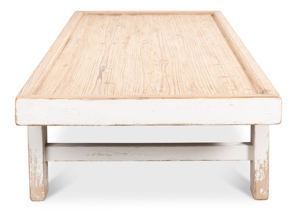 Sarreid Large Wood Panel Coffee Table In Antique White Finish - Stylish Pine Design With Natural Top White  40429-1