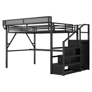 English Elm Twin Metal High Loft Bed with Staircase Storage Wardrobe for Kids and Teens W2580S00077