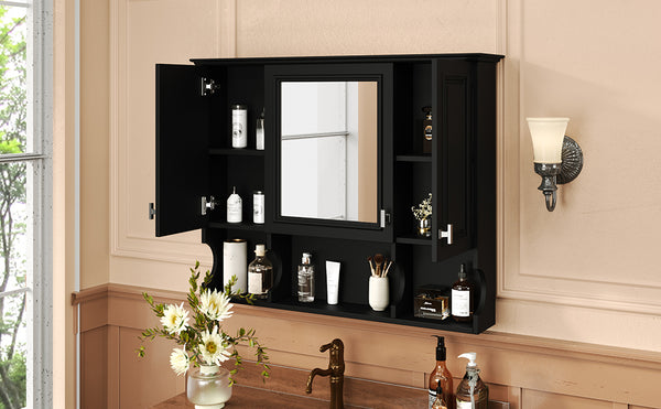 English Elm 35'' Modern Wall-Mounted Medicine Cabinet with Mirror, Hidden Storage and Open Shelves for Bath Black N710P209443B