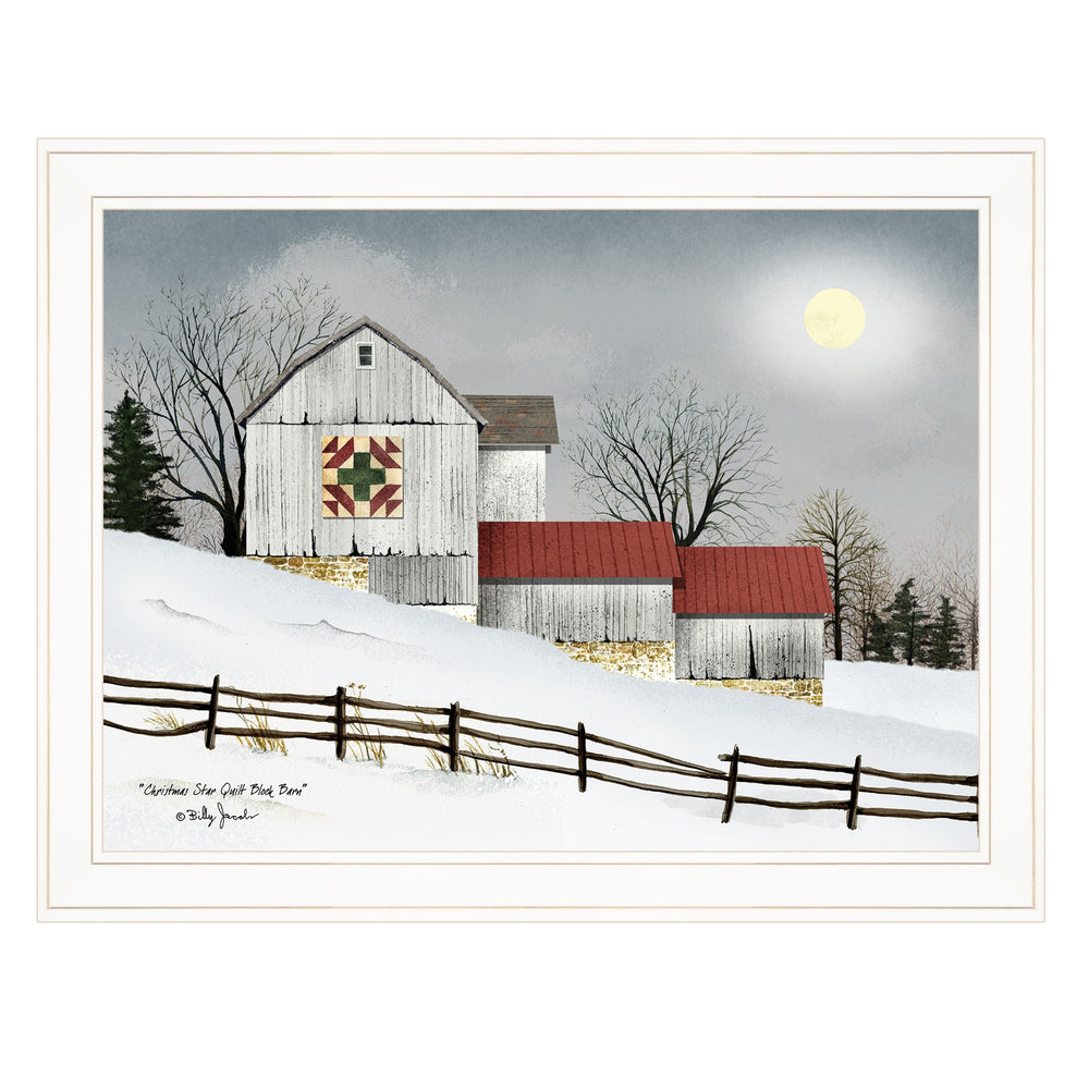 Homeroots Christmas Star Quilt Block Barn 1 White Framed Print Wall Art  Wood Paper 404358