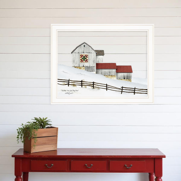 Homeroots Christmas Star Quilt Block Barn 1 White Framed Print Wall Art  Wood Paper 404358