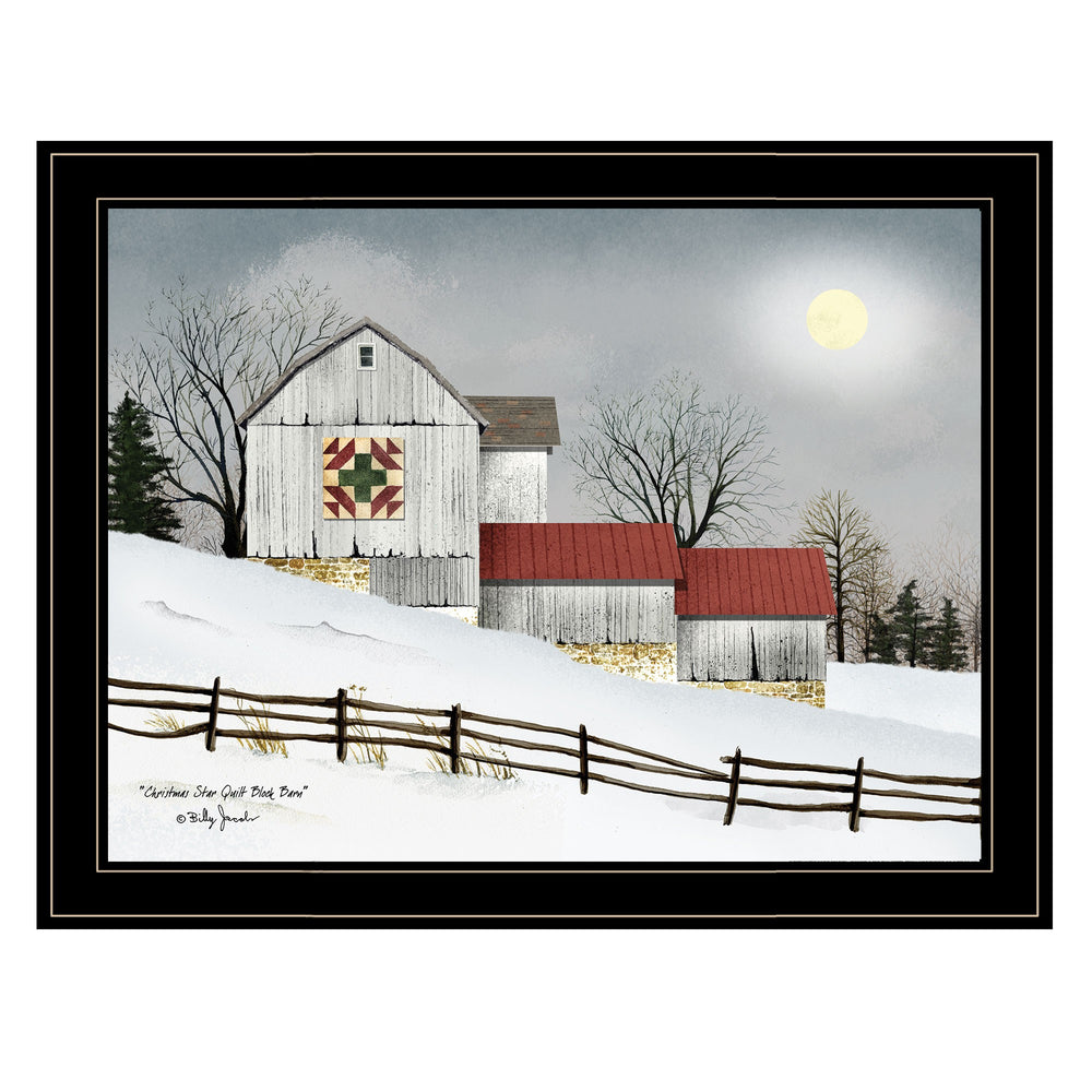 Homeroots Christmas Star Quilt Block Barn 2 Black Framed Print Wall Art  Wood Paper 404359