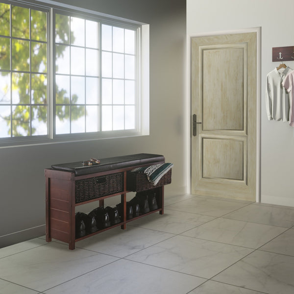 Winsome Wood Colin Storage Bench With Cushion, 2 Stylish Corn Husk Baskets For Organized Entryway & Kids Room Cappuccino ,Chocolate ,Espresso Solid ,Composite Wood ,Polyurethane ,Corn Husk 40438-winsome-wood