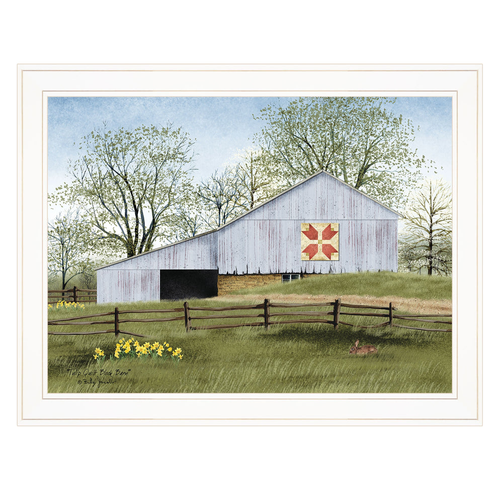 Homeroots Tulip Quilt Block Barn 3 White Framed Print Wall Art  Wood Paper 404393