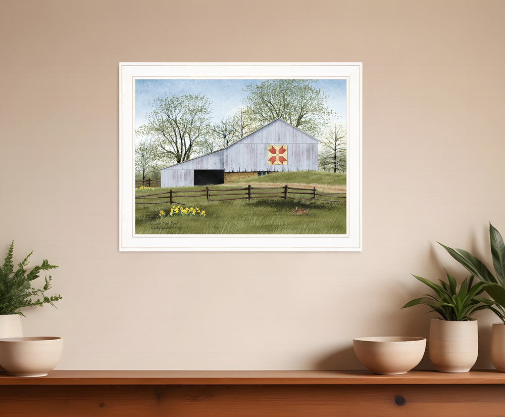 Homeroots Tulip Quilt Block Barn 3 White Framed Print Wall Art  Wood Paper 404393