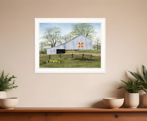Homeroots Tulip Quilt Block Barn 3 White Framed Print Wall Art  Wood Paper 404393
