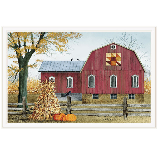 Homeroots Autumn Leaf Quilt Block Barn 3 White Framed Print Wall Art  Wood Paper 404397