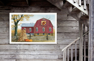 Homeroots Autumn Leaf Quilt Block Barn 3 White Framed Print Wall Art  Wood Paper 404397