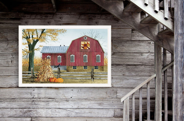 Homeroots Autumn Leaf Quilt Block Barn 3 White Framed Print Wall Art  Wood Paper 404397