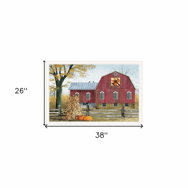 Homeroots Autumn Leaf Quilt Block Barn 3 White Framed Print Wall Art  Wood Paper 404397