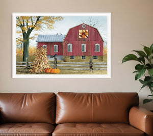 Homeroots Autumn Leaf Quilt Block Barn 3 White Framed Print Wall Art  Wood Paper 404397