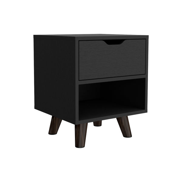 English Elm Crail Nightstand Black with Drawer & Open Shelf, Engineered Wood, Wooden Legs, Modern Durable Design B200P188873
