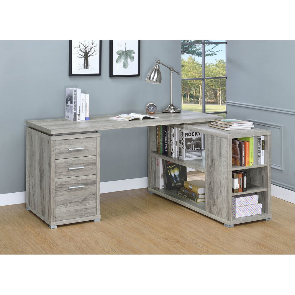 English Elm Tona Grey Driftwood L-Shape Desk with 3 Smooth-Glide Drawers, 5 Shelves & Coastal Rustic Charm B062P333440