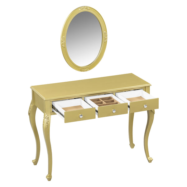 English Elm Luxury Makeup Vanity Desk with Oval Mirror and Engraved Floral Frame, Velvet Jewelry Tray, Durable Drawers and Elegant Console for Bedroom & Living Room Decor Gold N844P292481G