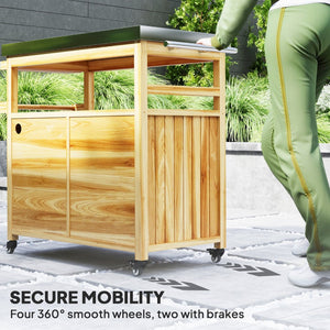English Elm Outsunny Outdoor Kitchen Cart Solid Wood Steel Top Cabinets Spice Rack on Wheels W2225P485588