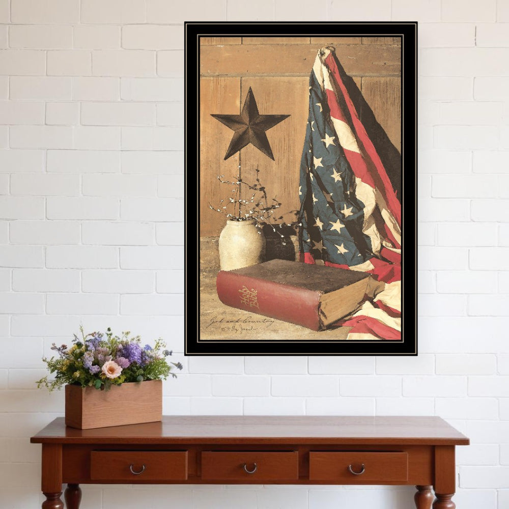 HomeRoots God and Country 8 Black Framed Print - Bold Patriotic Wall Art for Modern Living Spaces & Offices 404596