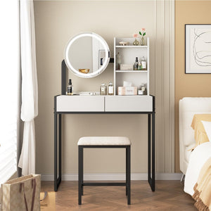 English Elm Small Bedroom Vanity Desk with Led Mirror Cushioned Stool Power Outlet and Storage White+Black W3587P462333