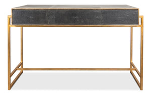 Sarreid Grey Leather Shagreen Desk With Marbleized Paper & 3 Drawers – Elegant Iron & Embossed Design Grey  40466