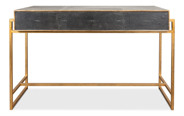 Sarreid Grey Leather Shagreen Desk With Marbleized Paper & 3 Drawers – Elegant Iron & Embossed Design Grey  40466