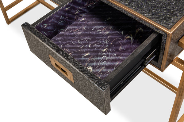 Sarreid Grey Leather Shagreen Desk With Marbleized Paper & 3 Drawers – Elegant Iron & Embossed Design Grey  40466