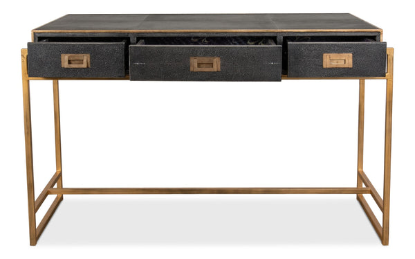 Sarreid Grey Leather Shagreen Desk With Marbleized Paper & 3 Drawers – Elegant Iron & Embossed Design Grey  40466