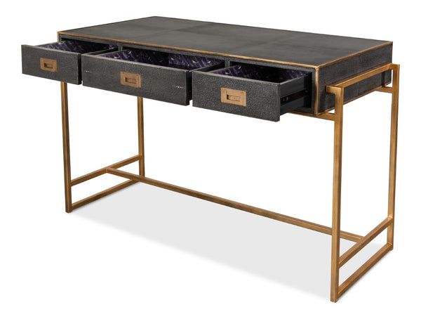 Sarreid Grey Leather Shagreen Desk With Marbleized Paper & 3 Drawers – Elegant Iron & Embossed Design Grey  40466