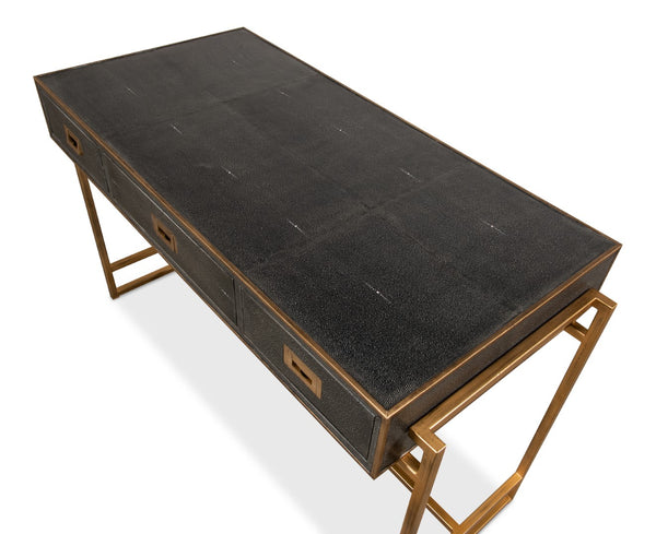 Sarreid Grey Leather Shagreen Desk With Marbleized Paper & 3 Drawers – Elegant Iron & Embossed Design Grey  40466