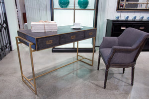 Sarreid Grey Leather Shagreen Desk With Marbleized Paper & 3 Drawers – Elegant Iron & Embossed Design Grey  40466