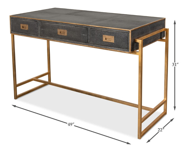 Sarreid Grey Leather Shagreen Desk With Marbleized Paper & 3 Drawers – Elegant Iron & Embossed Design Grey  40466