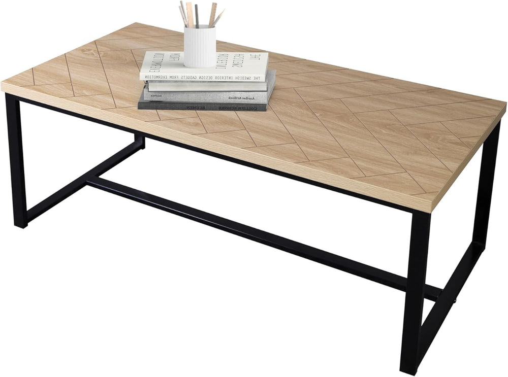 English Elm Bali Coastal Modern Coffee Table With Natural Wood Top & Sleek Black Metal Legs For Stylish Living B347P339189