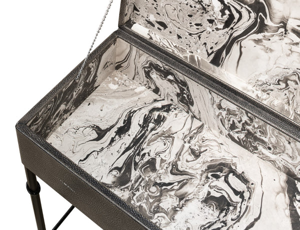 Sarreid Grey Leather Shagreen Box On Stand - Chic Decor With Marbleized Paper Interior And Iron Base Grey  40470