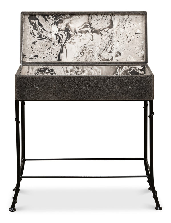 Sarreid Grey Leather Shagreen Box On Stand - Chic Decor With Marbleized Paper Interior And Iron Base Grey  40470