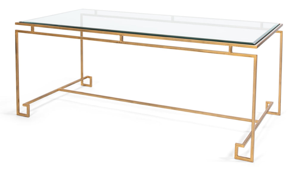 Sarreid Parallel Lines Coffee Table - Elegant Antique Gold Finish With Iron Base & Glass Top Design Gold  40473