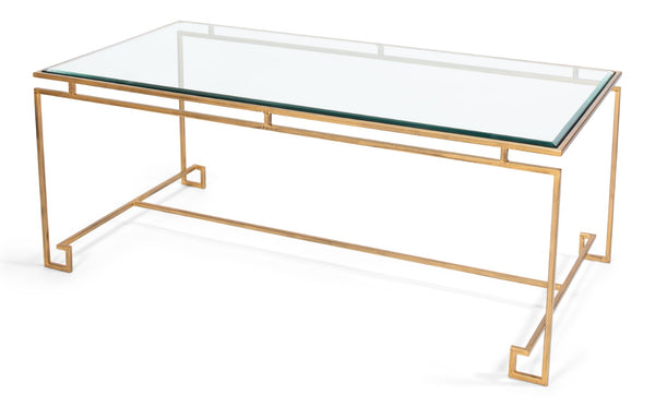 Sarreid Parallel Lines Coffee Table - Elegant Antique Gold Finish With Iron Base & Glass Top Design Gold  40473