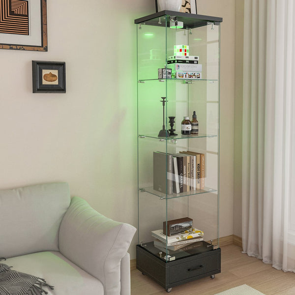 English Elm Modern Glass Display Cabinet With Led Lights - Stylish 4-Shelf Storage For Collectibles & Decor W241P268241