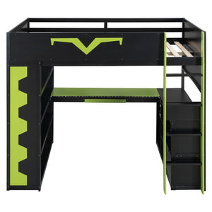 English Elm Full Size Gaming Loft Bed with Desk Rgb Lighting Power Outlet and Storage Drawer Green LT000285AAF