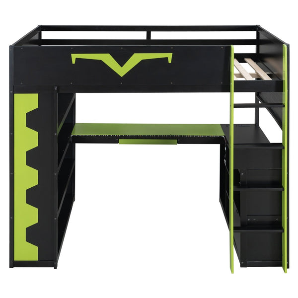 English Elm Full Size Gaming Loft Bed with Desk Rgb Lighting Power Outlet and Storage Drawer Green LT000285AAF
