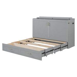English Elm Queen Murphy Wall Bed Cabinet with Storage Drawer Built-in Power Outlets Usb Ports Gray LP000400AAE