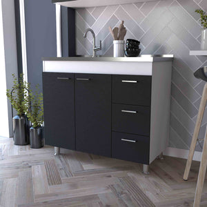English Elm Darien Multicolor Base Cabinet with Double Doors, Three Drawers, Faucet Hole & Four Legs, 25.7"H B128S00136