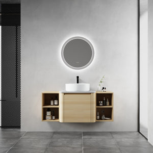 English Elm 48'' Wall-Mounted Bathroom Vanity With Elegant Ceramic Sink, Soft-Close Door & Open Storage Shelves W999S00469