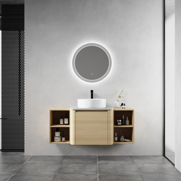 English Elm 48'' Wall-Mounted Bathroom Vanity With Elegant Ceramic Sink, Soft-Close Door & Open Storage Shelves W999S00469