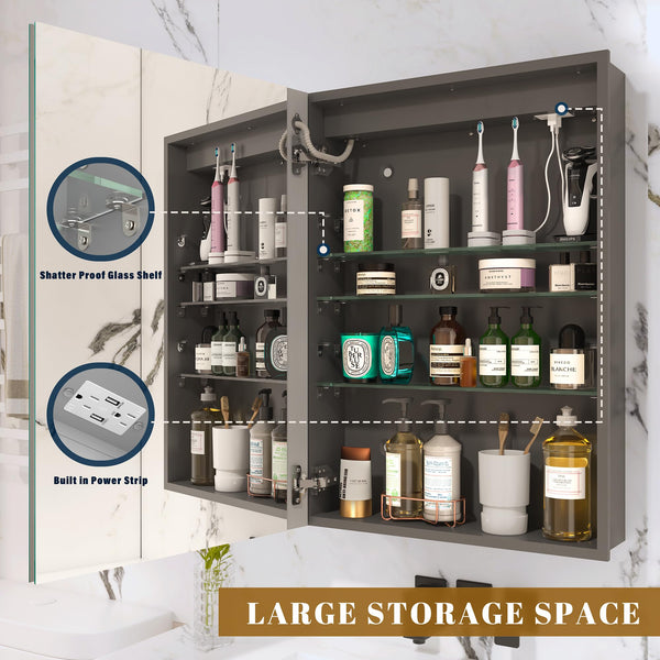 English Elm Led Bathroom Wall Medicine Cabinet Mirror - 32"X24" Lighted, Dimmable, Anti-Fog, Usb, Adjustable Storage T3177P296182