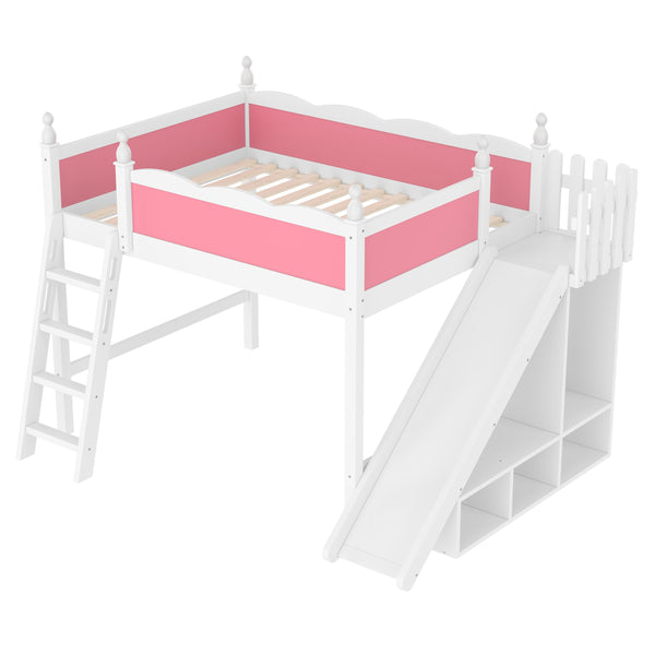 English Elm Full Loft Bed With Detachable Slide, Storage Shelves, And Cabinet In Pink & White – Fun & Functional! W1580S00245