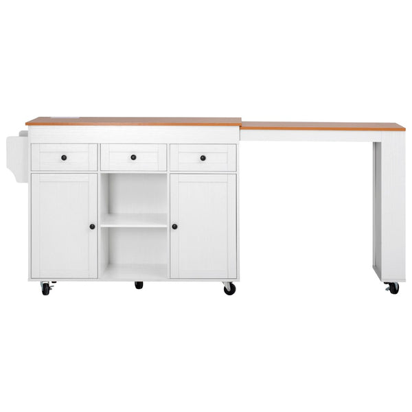 English Elm K&k Rolling Kitchen Island with Extendable Table Open Shelving and Built-in Power Outlet White N707P360278W