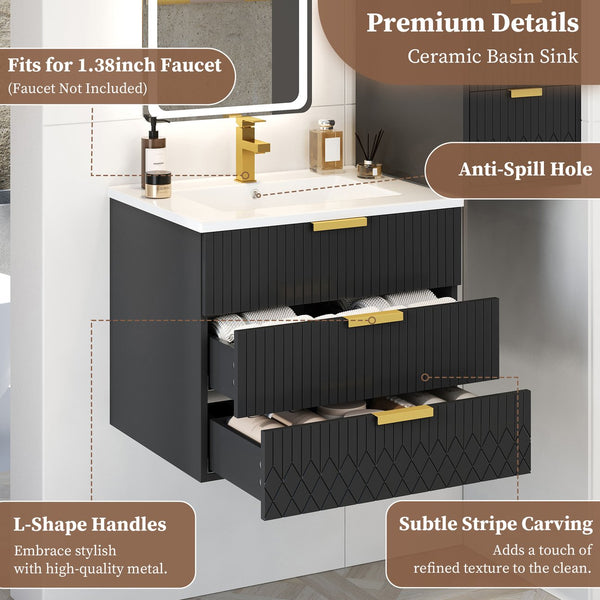 English Elm 24inch Bathroom Vanity with Ceramic Basin Sink, Wall-Mounted Double Drawer Cabinet for Small Baths Black N710P324097B