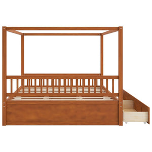 English Elm Wooden Canopy Queen Bed Solid Frame with Built-in Storage Drawers Slatted Base Walnut N7090005037L