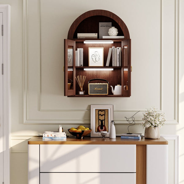 English Elm Wall Mounted Arched Cabinet Tempered Glass Doors Led Lighting Adjustable Shelves Bathroom Brown T3210P471553